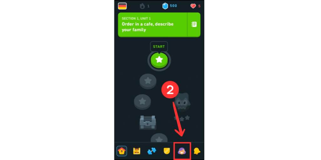 Tap the Profile Icon on Duolingo on mobile