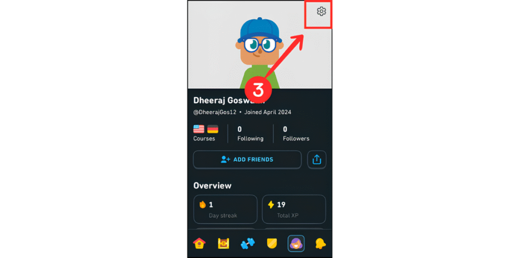 Go to Settings on Duolingo on mobile