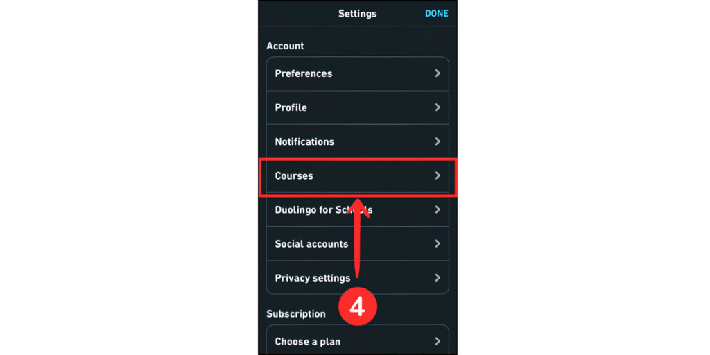 Find Courses Option on Duolingo on mobile