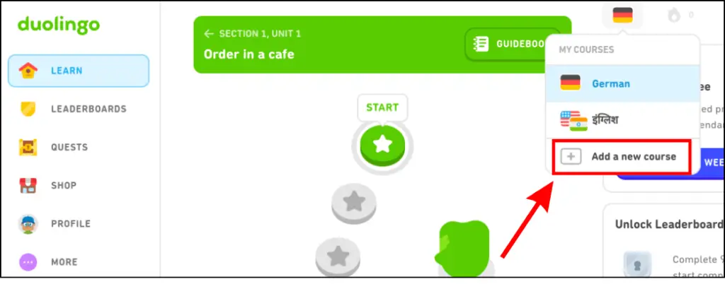 Steps to change language on Duolingo web