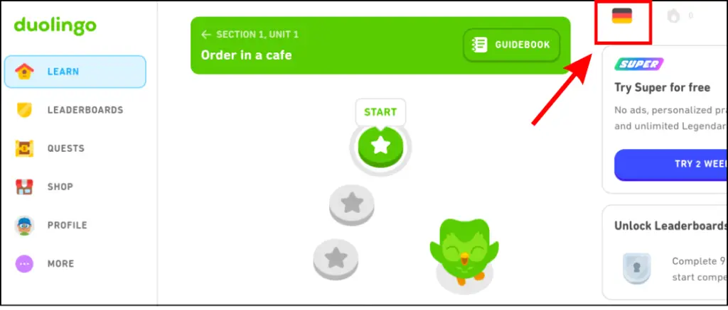 Steps to change language on Duolingo web