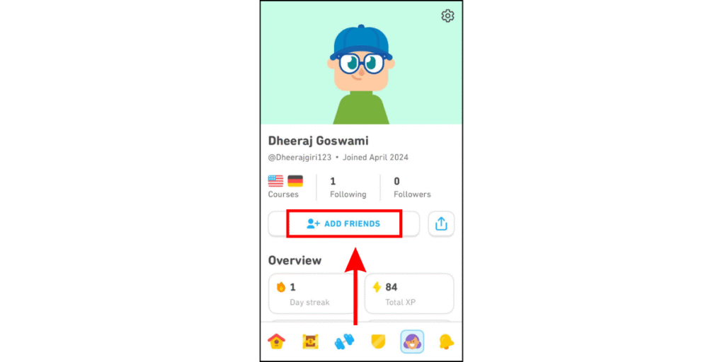 Tap the Add Friend Button on Duolingo app