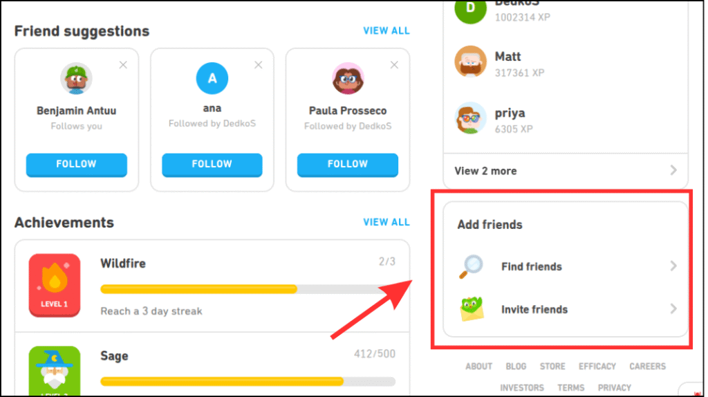 Find the Add Friend Section  on Duolingo website