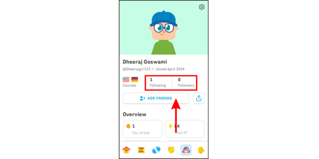 Tap Following or Followers on Duolingo app