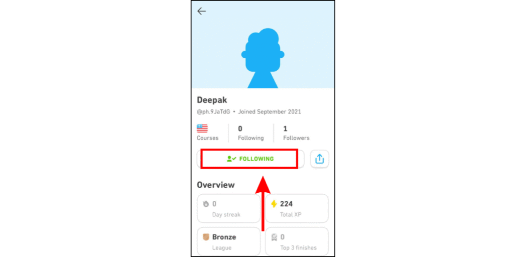 Tap the Unfollow Button on Duolingo app