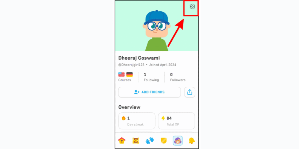 Go to Your Profile Settings on Duolingo app
