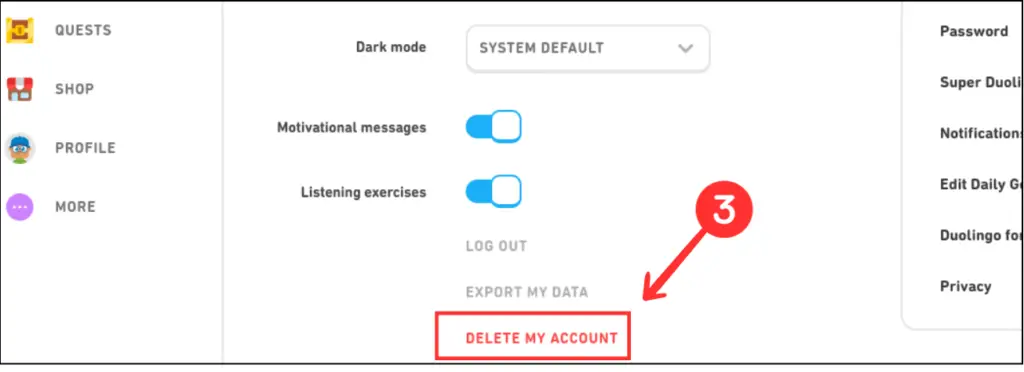 Delete Duolingo account on PC