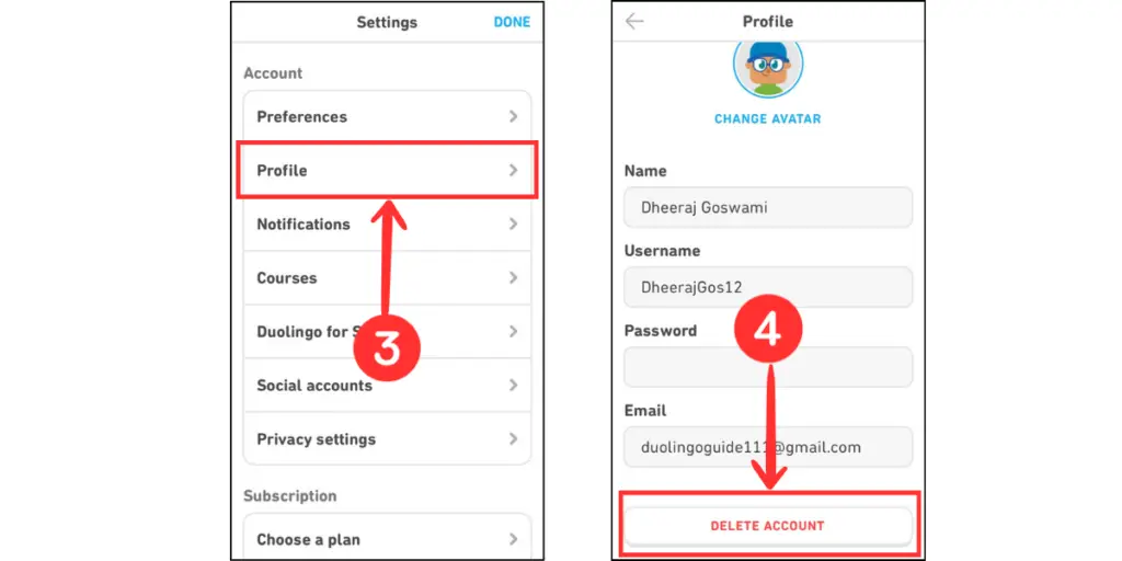 Delete Duolingo account on mobile