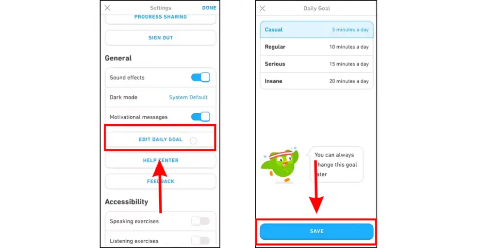 Changing Duolingo's daily XP goal on the phone