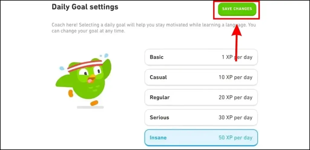 Changing Duolingo’s daily XP goal on PC