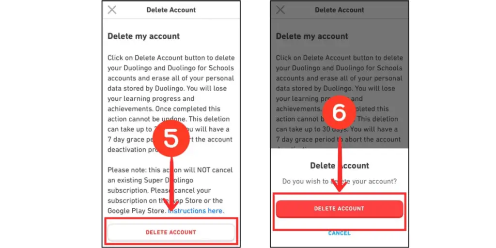 Delete Duolingo account on mobile