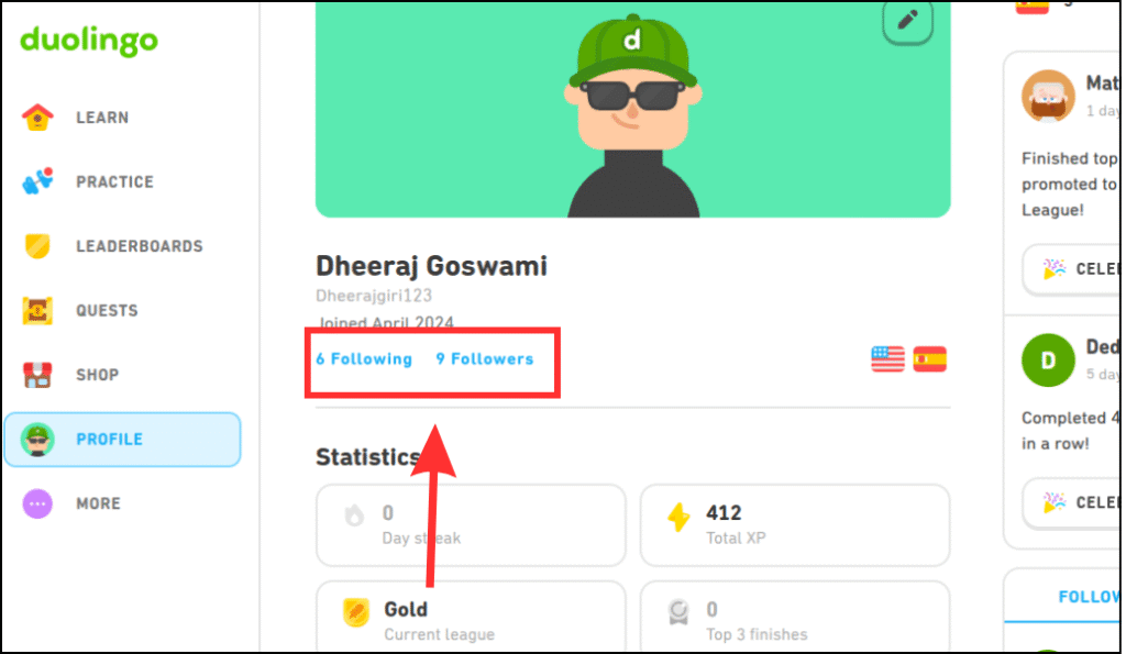 Select Following or Followers on Duolingo website
