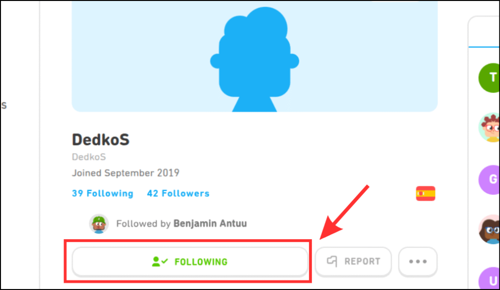 Click the Following button on Duolingo website